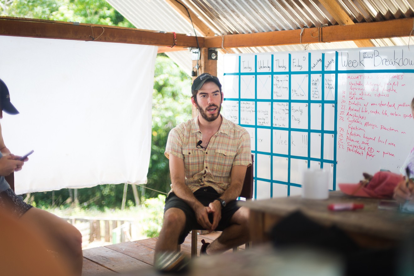 Journalism students from Northwestern University interview Esteban Gast, president and dean of the Kalu Yala Institute, in March. Gast left his position soon after for a new job in Los Angeles. (Emma Sarappo/Medill)